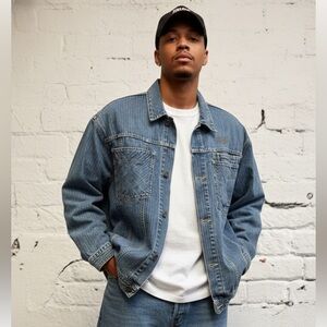 Sean John Blue Baggy Denim Jacket Embroidered Logo 90s Y2K Hip Hop Streetwear